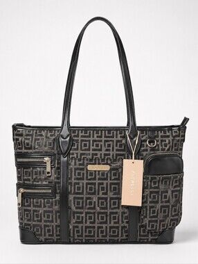 Fiorelli Black Taupe Geometric Multi Pocket Tote Bag NWT